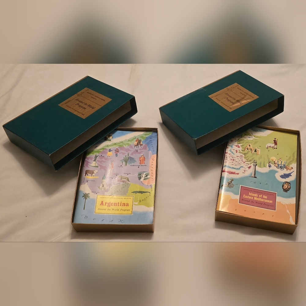 American Geographical Society Around The World Program 10 Booklets 2 Boxes Vtg